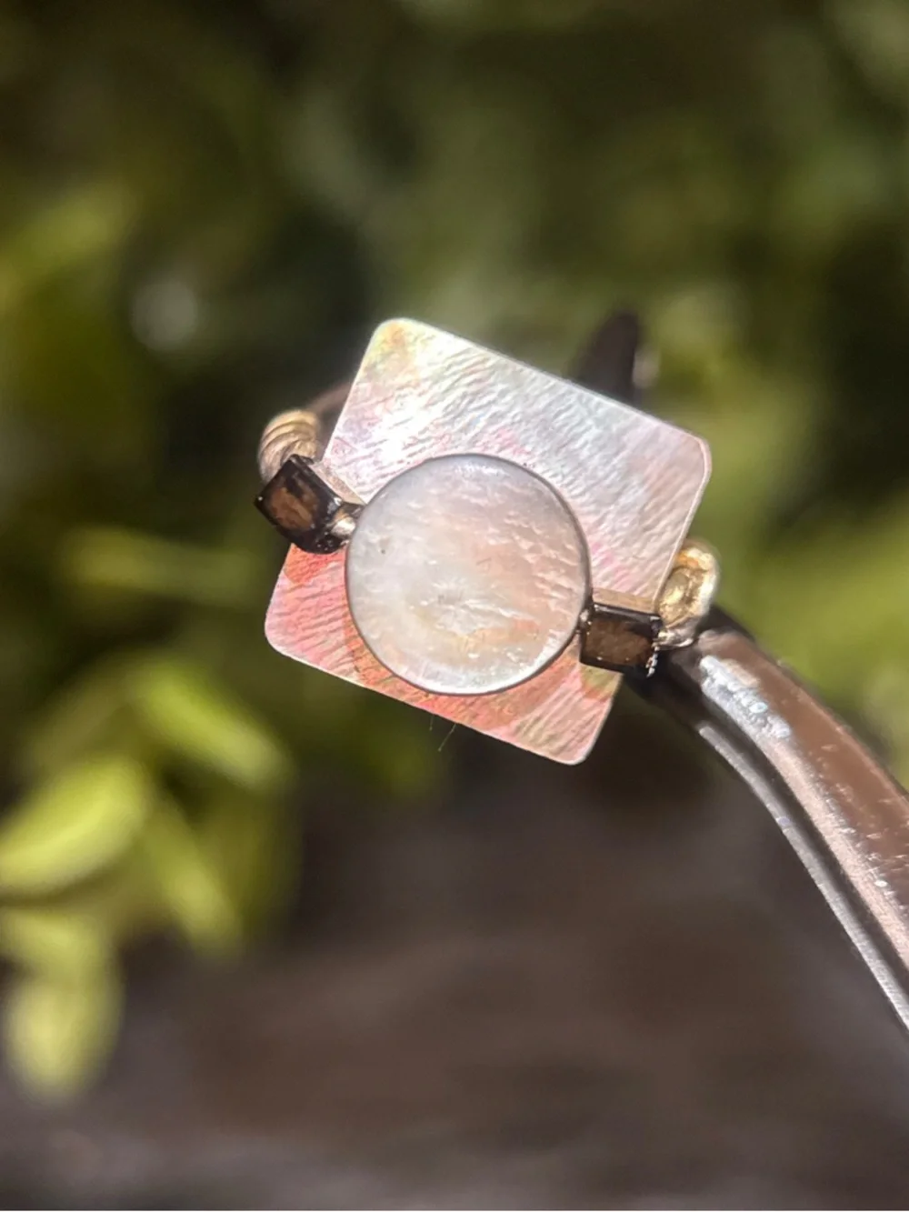 Geometric Square Ring‎ with Round Accent - Gunmetal and Silver Tones